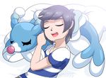  alfa995 artist_name brionne closed_eyes commentary fins gen_7_pokemon lying on_back pillow pink_nose pokemon pokemon_(creature) pokemon_(game) pokemon_sm sleeping tail tail_fin you_(pokemon) 