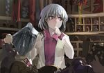  frown hand_on_own_chin ichiba_youichi jacket kishin_sagume red_eyes silver_hair single_wing solo touhou wings 