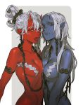  2girls blue_eyes blue_oni blue_skin breasts docking fangs horns looking_at_viewer multiple_girls muni_(fdrk) oni oni_horns original parted_lips pointy_ears red_eyes red_oni red_skin small_breasts tongue tongue_out two-tone_background white white_hair 