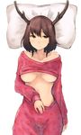  absurdres antlers breasts brown_eyes brown_hair highres koretsuki_azuma large_breasts original pajamas pillow reindeer_antlers short_hair solo underboob 