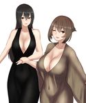  black_hair breasts brown_hair cleavage collarbone dress evening_gown eyebrows eyebrows_visible_through_hair green_eyes hair_between_eyes hayabusa holding_hands kantai_collection large_breasts long_hair looking_at_viewer multiple_girls mutsu_(kantai_collection) nagato_(kantai_collection) navel one_eye_closed red_eyes see-through short_hair simple_background white_background 