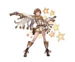  belt boots brown_eyes brown_hair center_opening detached_sleeves epaulettes frills full_body granblue_fantasy gun hairband hand_on_hip holding holding_gun holding_weapon honda_mio idolmaster idolmaster_cinderella_girls knee_boots long_sleeves looking_at_viewer minaba_hideo official_art one_eye_closed open_mouth short_hair skirt smile solo transparent_background weapon 