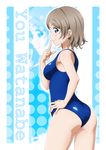  ass blue_eyes blue_swimsuit brown_hair character_name competition_swimsuit finger_to_mouth from_side hand_on_hip highres index_finger_raised looking_at_viewer love_live! love_live!_sunshine!! one-piece_swimsuit profile sazanami_tarou short_hair smile solo standing swimsuit watanabe_you zoom_layer 