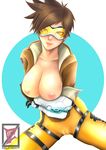  1girl areolae artist_name breasts brown_hair cameltoe collarbone earrings goggles jacket lips looking_at_viewer nipples open_jacket overwatch short_hair simple_background smile solo spiked_hair tracer_(overwatch) 
