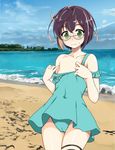  asaga_aoi bare_shoulders beach blonde_hair blue-framed_eyewear blush breasts brown_hair cameltoe casual_one-piece_swimsuit day embarrassed glasses green_eyes kantai_collection multicolored_hair ocean okinami_(kantai_collection) one-piece_swimsuit short_hair small_breasts solo strap_slip swimsuit wavy_mouth 