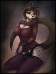  2016 anthro big_breasts black_hair black_penis breasts cleavage clothed clothing dickgirl english_text feline fur grey_fur hair intersex legwear leopard long_hair mammal penis red_eyes sarki signature sitting snow_leopard solo text thong 