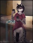 2016 anthro balls black_fur black_hair black_penis bottomless breasts cellphone clothed clothing dickgirl english_text feline fur grey_fur hair humanoid_penis inside intersex kitchen leopard mammal penis phone red_eyes sarki shirt signature snow_leopard solo spots text water wide_hips 