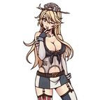  bad_id bad_pixiv_id bare_shoulders blonde_hair breasts elbow_gloves fingerless_gloves front-tie_top garter_straps gloves grey_eyes hand_to_own_mouth hat iowa_(kantai_collection) kantai_collection large_breasts long_hair lowres miniskirt mismatched_legwear navel one_eye_closed raiyatomic skirt smile solo striped striped_legwear striped_skirt thighhighs 
