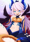  1girl bad_id bad_pixiv_id bare_shoulders blue_eyes cape center_opening crown diabla_(elsword) elbow_gloves elsword fang gloves horns long_hair luciela_r._sourcream mini_crown navel open_mouth pointy_ears pumpkin purple_hair smile solo striped striped_gloves suggestive_fluid tail waero 