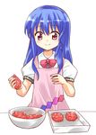  apron baking_sheet blue_hair bow bowl bowtie collared_shirt cooking food hinanawi_tenshi long_hair meatball nibi no_hat no_headwear puffy_short_sleeves puffy_sleeves raw_meat red_eyes shirt short_sleeves sidelocks smile solo touhou tray 