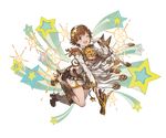  belt boots brown_eyes brown_hair center_opening detached_sleeves frills full_body granblue_fantasy gun hairband holding holding_gun holding_weapon honda_mio idolmaster idolmaster_cinderella_girls knee_boots long_sleeves looking_at_viewer minaba_hideo official_art one_eye_closed open_mouth short_hair skirt smile solo sparkle transparent_background weapon 
