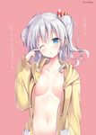  blue_eyes blush breasts circle_name cleavage commentary_request hair_ribbon highres hood hoodie kantai_collection kashima_(kantai_collection) looking_at_viewer medium_breasts naked_hoodie navel no_bra one_eye_closed open_clothes open_hoodie open_mouth red_background ribbon sidelocks silver_hair simple_background solo sousouman tears translation_request tsurime twintails upper_body wavy_hair 