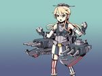  adrian_ferrer alternate_breast_size bare_shoulders blonde_hair cannon clenched_hands elbow_gloves front-tie_top garter_straps gloves gradient gradient_background grey_eyes hat iowa_(kantai_collection) kantai_collection long_hair machinery miniskirt mismatched_legwear open_mouth skirt solo striped striped_legwear striped_skirt thighhighs 