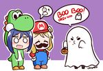  :d ^_^ artist_name blonde_hair blue_hair blush_stickers boo boo_(cosplay) brown_footwear chibi chroneco closed_eyes cosplay costume english eyebrows_visible_through_hair fake_facial_hair fake_mustache full_body ghost ghost_costume gloves halloween halloween_basket hands_on_hips hat highres jitome kurosawa_dia long_hair long_sleeves love_live! love_live!_sunshine!! mario mario_(cosplay) mario_(series) matsuura_kanan mole mole_under_mouth multiple_girls o_o ohara_mari open_mouth outline overalls puckered_lips purple_background red_hat red_shirt romaji shirt shoes smile speech_bubble spoken_teruterubouzu standing sukutomo_safe super_mario_bros. teruterubouzu two-tone_background v-shaped_eyebrows white_gloves yoshi yoshi_(cosplay) 