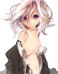  1girl amiami doll_joints female looking_at_viewer navel off_shoulder purple_eyes simple_background solo undressing white_background 