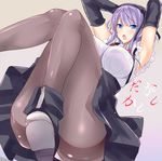  armpits arms_behind_head arms_up black_gloves black_legwear black_skirt blue_eyes blush breasts dagashi_kashi elbow_gloves flower gloves hair_flower hair_ornament hairband high-waist_skirt large_breasts legs long_legs looking_at_viewer open_mouth pantyhose purple_hair rihito_akane shidare_hotaru short_hair skirt solo thighs 