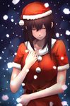  belt black_hair breasts closed_eyes closed_mouth commentary_request fur_trim hand_on_own_chest hat large_breasts long_hair minami_koyogi original pom_pom_(clothes) santa_costume santa_hat short_sleeves sidelocks snowing solo upper_body 