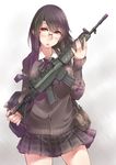  ak-5 assault_rifle ayyh cardigan contrapposto glasses gun highres holding holding_gun holding_weapon ironsights looking_to_the_side pleated_skirt red_eyes rifle school_uniform skirt solo standing weapon 