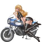  1girl absurdres biker_clothes bikesuit blonde_hair boots curly_hair ducati highres knee_boots long_hair purple_eyes thigh_boots thighhighs yuta0toku 