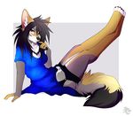  5_fingers anthro black_hair black_nose breasts canine chesta clothed clothing coyote female fluffy fluffy_tail fur hair heterochromia inner_ear_fluff mammal simple_background sitting solo toes white_background white_fur 