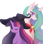  2016 blush duo equine eyelashes fangs female feral friendship_is_magic fur hair hat hi_res horn long_hair looking_at_viewer mammal momomistress multicolored_hair my_little_pony one_eye_closed princess_celestia_(mlp) purple_eyes purple_fur simple_background smile twilight_sparkle_(mlp) unicorn white_background white_fur winged_unicorn wings wink witch_hat 