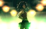  backlighting bare_shoulders closed_mouth cowboy_shot from_behind goggles goggles_on_head green_eyes green_hair gumi hands_on_hips layered_skirt looking_at_viewer looking_back ryokucha_manma shirt short_hair sleeveless sleeveless_shirt solo stage_lights vocaloid wrist_cuffs 