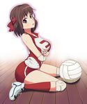  bare_shoulders blush breast_hold breasts brown_eyes brown_hair elbow_pads eyebrows eyebrows_visible_through_hair full_body girls_und_panzer headband highres knee_pads kondou_taeko large_breasts looking_at_viewer open_mouth red_legwear shoes short_hair sitting sitting_on_floor solo sportswear sweat thighs volleyball volleyball_uniform wara_t-shirt 