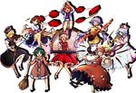  6+girls :d ahoge animal_ears baba_(baba_seimaijo) bamboo_broom barefoot beamed_sixteenth_notes belt bird_wings biwa_lute black_skirt blonde_hair blue_eyes blue_hair boots bow_(instrument) breasts broom brown_eyes brown_hair chain closed_eyes collared_shirt commentary_request crescent dog_ears dress drop_shadow drum drumsticks eighth_note eyebrows eyebrows_visible_through_hair fang floppy_ears flower frilled_skirt frills full_body green_hair hair_flower hair_ornament hairband hat high-waist_skirt highres horikawa_raiko instrument jacket jewelry juliet_sleeves kasodani_kyouko keyboard_(instrument) kneeling long_hair long_sleeves looking_at_viewer low_twintails lunasa_prismriver lute_(instrument) lyrica_prismriver mary_janes merlin_prismriver mitsudomoe_(shape) multiple_girls music musical_note mystia_lorelei necktie open_mouth pink_hair plaid plaid_shirt playing_instrument puffy_sleeves purple_hair quarter_note red_eyes red_hair ring see-through sharp_sign shirt shoes short_dress short_hair silver_hair simple_background singing sixteenth_note skirt skirt_set small_breasts smile staff_(music) sweat tachi-e taiko_drum tail tomoe_(symbol) touhou trait_connection treble_clef trumpet tsukumo_benben tsukumo_yatsuhashi twintails very_long_hair vest violin white_background white_shirt wide_sleeves wings yellow_eyes 