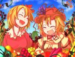  :d ^_^ aki_minoriko aki_shizuha apple autumn_leaves black_ribbon choker closed_eyes commentary_request day dress food fruit furorina grapes hat highres juliet_sleeves long_sleeves mob_cap multiple_girls mushroom open_mouth orange_hair outdoors persimmon puffy_sleeves ribbon ribbon_choker shirt short_hair siblings sisters smile sweet_potato touhou upper_body 