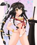  animal_ears anju_(utawarerumono) black_hair bracelet braid breasts chain choker gold_chain hair_ornament hand_on_hip hand_on_sword highleg highleg_panties highres jewelry long_hair midriff multiple_braids myaakaa navel panties ribbon_choker small_breasts smile solo standing sword tail underwear utawareru_mono utawareru_mono:_itsuwari_no_kamen weapon yellow_eyes 