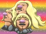  2016 alolan_dugtrio black_eyes blonde_hair brown_skin hair he_man long_hair meme mykiio nintendo parody pink_nose pok&eacute;mon rainbow_background regional_variant rock simple_background sparkles video_games 