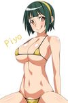 :q bare_arms bare_shoulders bikini blush breasts brown_eyes cleavage collarbone commentary_request covered_nipples cowboy_shot green_hair groin hairband idolmaster idolmaster_(classic) large_breasts looking_at_viewer micro_bikini mole mole_under_mouth navel otonashi_kotori ra-pen short_hair solo stomach swimsuit tongue tongue_out underboob white_background yellow_bikini yellow_hairband 