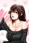  bangs bare_shoulders black_hair breasts brown_eyes cleavage collarbone commentary_request hair_tucking large_breasts long_hair looking_at_viewer minami_koyogi off-shoulder_sweater open_mouth original ribbed_sweater sideways_glance solo sweater swept_bangs teeth upper_body 