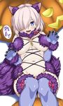  :d animal_ears blue_eyes blue_gloves blue_legwear blush breasts claw_pose cleavage dangerous_beast elbow_gloves fate/grand_order fate_(series) gloves hair_over_one_eye halloween_costume hyouju_issei jack-o'-lantern large_breasts lying mash_kyrielight navel on_back open_mouth purple_hair short_hair smile solo tail thighhighs translated wolf_ears wolf_tail 
