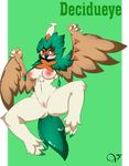  2016 anthro avian beak bird breasts brown_eyes decidueye digital_media_(artwork) feathered_wings feathers female fur hi_res looking_at_viewer nintendo nipples owl pok&eacute;mon simple_background solo talons video_games wings zzvinniezz 