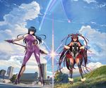  2girls aqua_eyes black_hair bodysuit breasts cityscape clouds covered_navel erect_nipples female fishnets high_heels igawa_asagi kagami_hirotaka large_breasts legs lilith-soft long_hair long_legs mizuki_yukikaze multiple_girls pose skin_tight sky solo sword taimanin_asagi taimanin_asagi_zero thighs weapon 