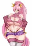  1girl bare_shoulders black_eyes breasts cleavage curvy erect_nipples huge_breasts long_hair looking_at_viewer mr106 navel pink_hair ponytail pubic_hair pubic_hair_peek smile solo thick_thighs thighhighs very_long_hair wide_hips 