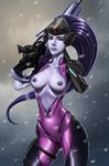  1girl areolae artist_request blue_hair blue_skin bodysuit breasts cameltoe collarbone gloves gun head_mounted_display lips long_hair looking_at_viewer nipples overwatch snow solo weapon widowmaker_(overwatch) yellow_eyes 