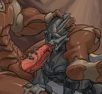  alien alien_penis beralin biceps big_penis close-up cum duo fellatio forced forced_oral glowing glowing_eyes hand_on_head krogan male male/male mass_effect muscular oral penis precum sex turian video_games 