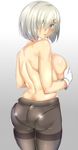  ass back black_legwear blue_eyes breasts covering covering_breasts eyes_visible_through_hair gloves gradient gradient_background hair_ornament hair_over_one_eye hairclip hamakaze_(kantai_collection) kantai_collection large_breasts looking_back panties panties_under_pantyhose pantyhose saintshiro short_hair silver_hair solo topless underwear white_gloves 