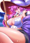  :d armpits bamboo_broom bare_shoulders blush bracelet breasts broom cleavage commentary detached_sleeves full_moon hat jewelry kittan_(cve27426) large_breasts long_hair magiko_magika moon open_mouth pink_hair red_eyes shinrabanshou short_shorts shorts smile solo thighs witch witch_hat 
