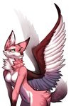  anthro breasts canine feathered_wings feathers featureless_breasts female fox fur green_eyes kero_tzuki mammal navel nude red_nose simple_background smile solo tan_fur white_background winged_fox wings 