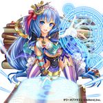  absurdres blue_eyes blue_hair book breasts cleavage cleavage_cutout dansa hair_ornament hair_ribbon highres kneeling long_hair medium_breasts midriff navel purple_ribbon red_ribbon ribbon simple_background solo striped striped_legwear thighhighs tower_of_dragon white_background 