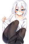  bare_shoulders black_legwear blue_eyes blush collarbone feet hair_between_eyes hair_ornament hairclip highres looking_at_viewer no_shoes off_shoulder original otokuyou pantyhose pov_feet ringo-chan_(otokuyou) shirt short_hair simple_background solo sweatdrop white_background white_hair 