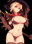  alternate_costume black_background black_bra black_panties blonde_hair blue_eyes bra breasts cameltoe cleavage hat large_breasts lingerie looking_at_viewer mercy_(overwatch) navel overwatch panties sieyarelow smile solo thighhighs underwear witch witch_hat witch_mercy 