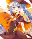  aqua_hair arm_up blue_eyes cape commentary_request dress halloween hat hatsune_miku highres jack-o'-lantern long_hair necktie open_mouth salute solo twintails urara_(sumairuclover) very_long_hair vocaloid witch_hat 