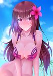  :&lt; bikini_top blush bottomless breasts cleavage fate/grand_order fate_(series) jomo_(haccapan) large_breasts long_hair looking_at_viewer purple_hair red_eyes scathach_(fate)_(all) scathach_(swimsuit_assassin)_(fate) solo 
