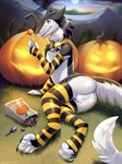 2016 4_toes absurd_res anthro anus arm_support arm_warmers backsack balls black_fur butt candy claws clothing collar detailed_background digital_media_(artwork) digitigrade food fruit fur girly halloween hi_res hindpaw holding_object holidays jack_o&#039;_lantern leg_warmers legwear lollipop looking_at_viewer lying male mammal moon mostly_nude multicolored_fur nature night on_side outside paws perineum pumpkin sergal sky socks solo striped_armwear striped_legwear stripes thigh_highs toe_claws toeless_socks toes two_tone_fur white_fur yellow_eyes zazush-una 