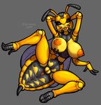  2014 antennae anthro anus arthropod big_breasts black_eyes breasts demien female insect looking_at_viewer multi_arm multi_limb nipples non-mammal_breasts presenting pussy smile solo spread_legs spreading stinger wasp wings 