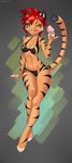  2016 4_toes 5_fingers anthro blue_eyes breasts dessert digitigrade feline female food fur hair ice_cream looking_at_viewer mammal midriff navel one_eye_closed red_hair simple_background smile solo striped_fur stripes teeth tiger toes tongue wide_hips yulliandress 